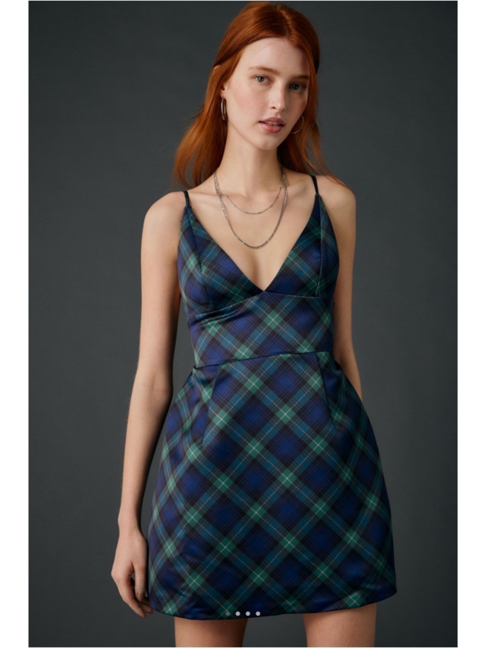 Kimchi Blue Plaid Satin Mini Dress M Green Blue Tartan Fit Flare UO 90s Y2K